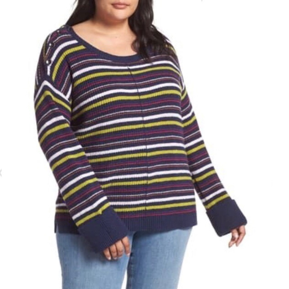 Caslon Navy Lime Striped Button Shoulder Sweater
